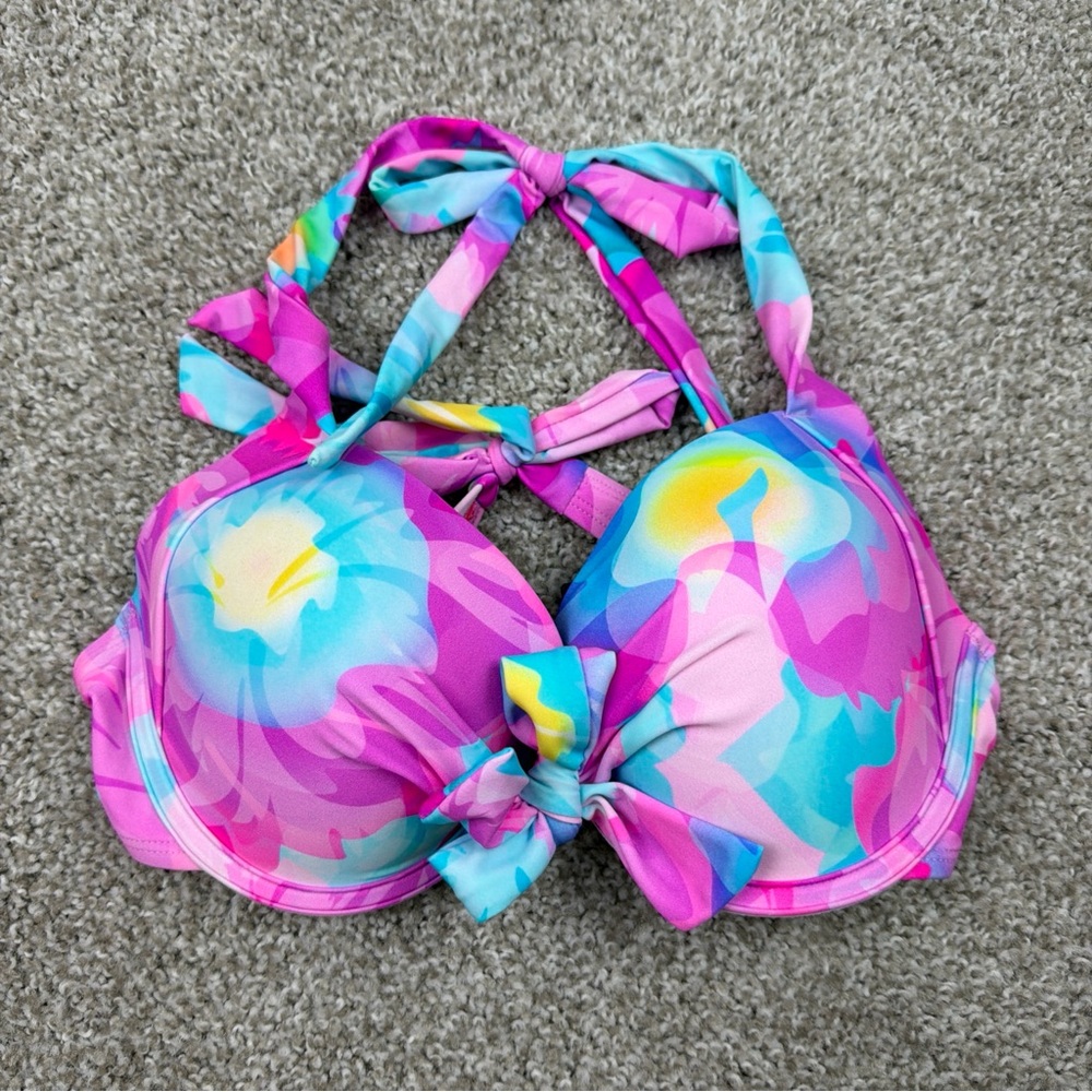 Relleciga Bikini Top Floral Print Pink Underwire Push Up Women’s Large NWT